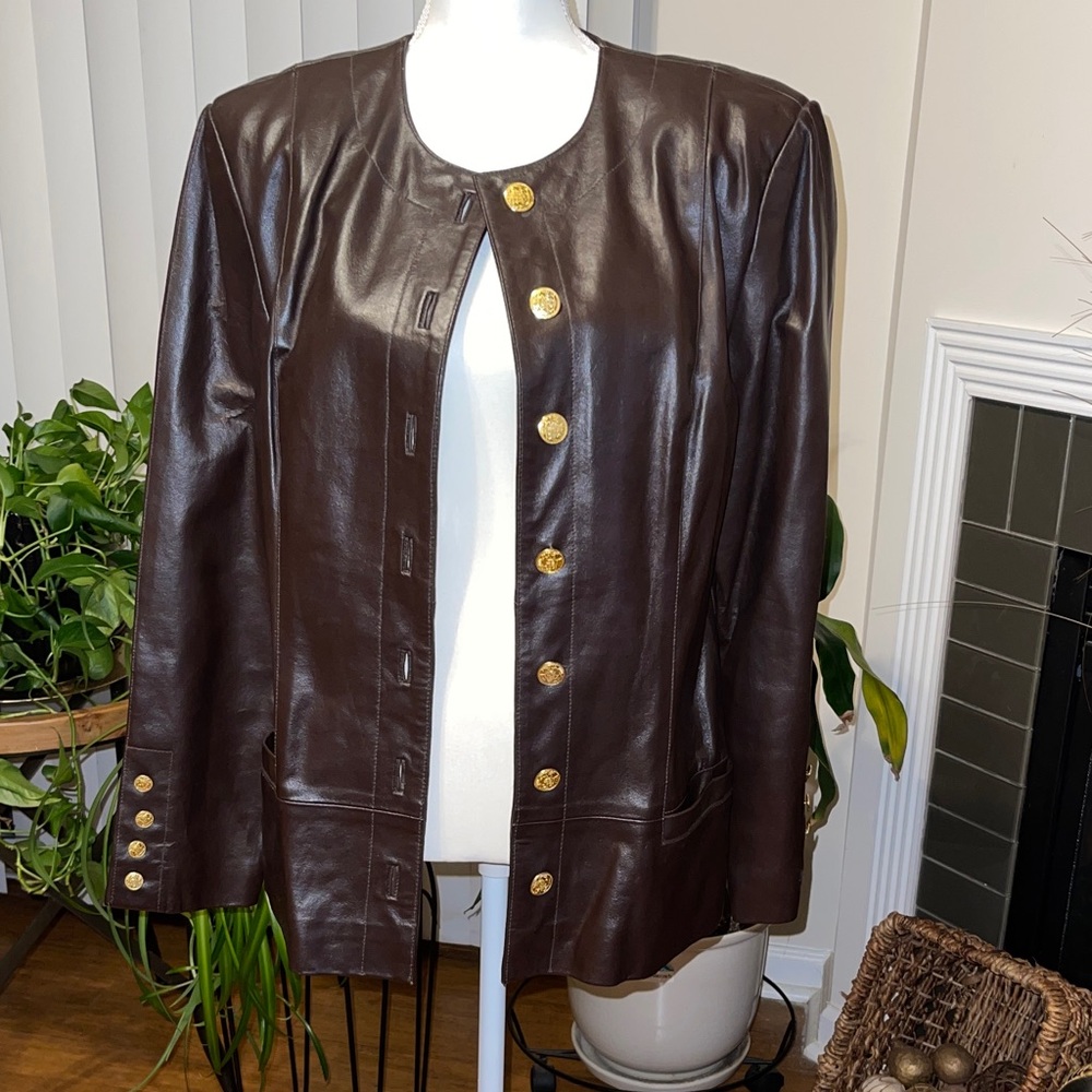 Brown Leather Jacket with Gold Buttons